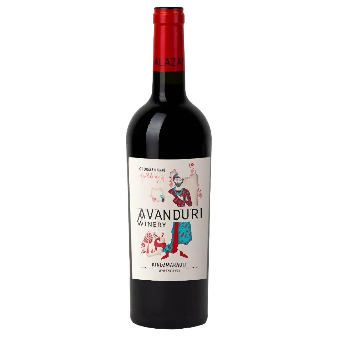 Flasche georgischer halbsüßer Rotwein Avanduri Kindzmarauli – edler, fruchtiger Wein aus der Kindzmarauli-Region mit Noten von reifen Beeren und sanfter Süße.