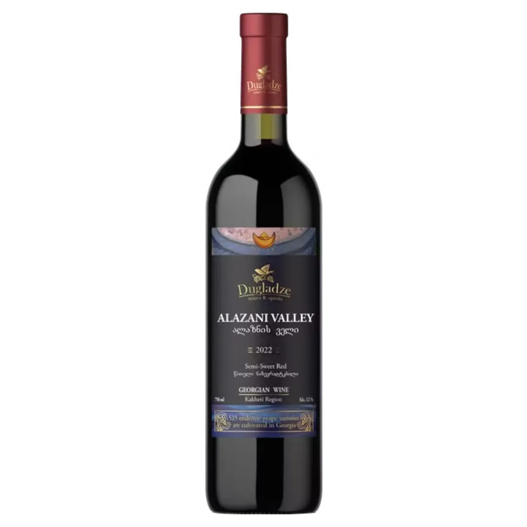 Flasche georgischer halbsüßer Rotwein Dugladze Alazani Valley – fruchtiger, weicher Wein aus Kachetien mit Aromen von reifen Beeren und angenehmer Süße.
