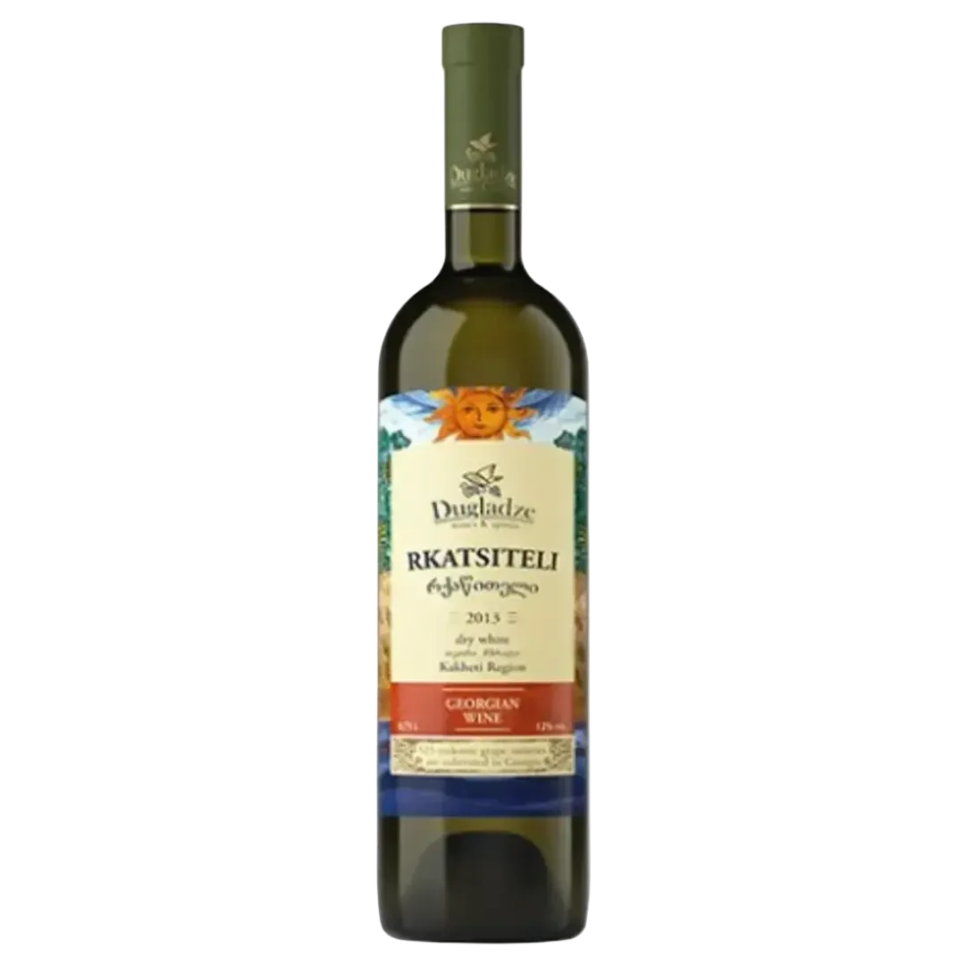 Flasche georgischer Weißwein Dugladze Rkatsiteli – trockener, aromatischer Rkatsiteli mit floralen und fruchtigen Noten, typisch für die Weinregion Kachetien.