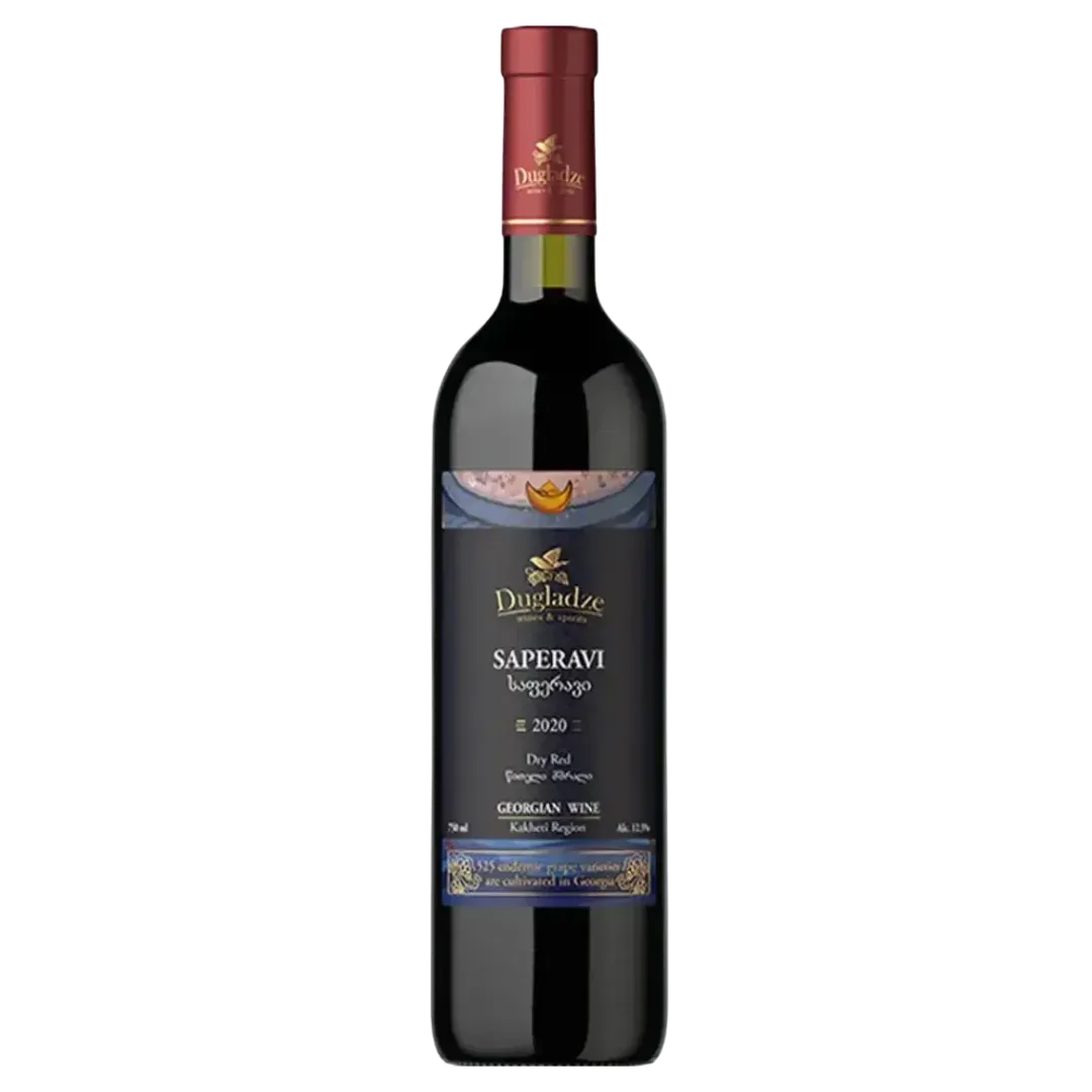 Flasche georgischer Rotwein Dugladze Saperavi – trockener, tiefroter Saperavi aus der Region Kachetien mit intensiven Fruchtnoten und würzigem Abgang.