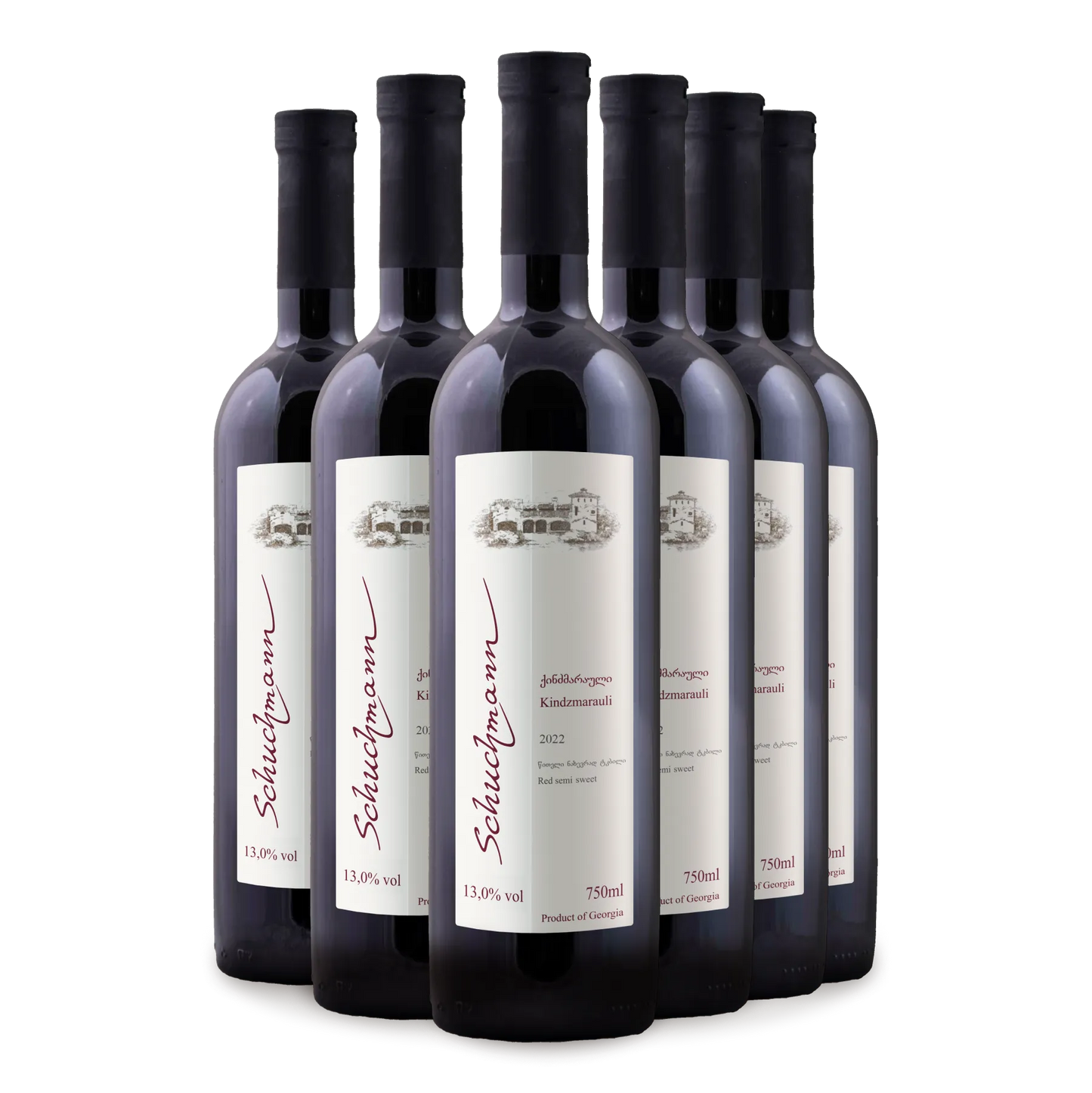 Schuchmann Kindzmarauli 2022 – 6 Flaschen, Rotwein halbsüß, 13% vol – Hochwertiger georgischer Rotwein mit süß-fruchtiger Noten.