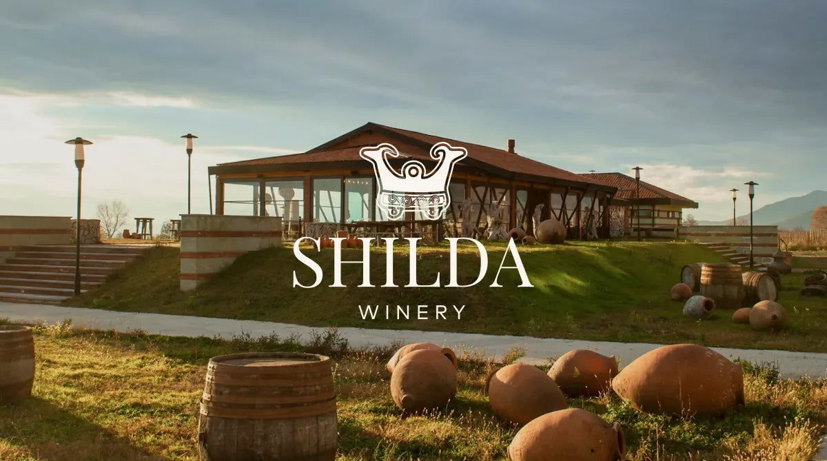 Shilda in Georgien mit traditioneller Architektur, großen Qvevri-Tongefäßen und Weinbergen im Hintergrund – ein renommiertes Weingut in der Region Kachetien.