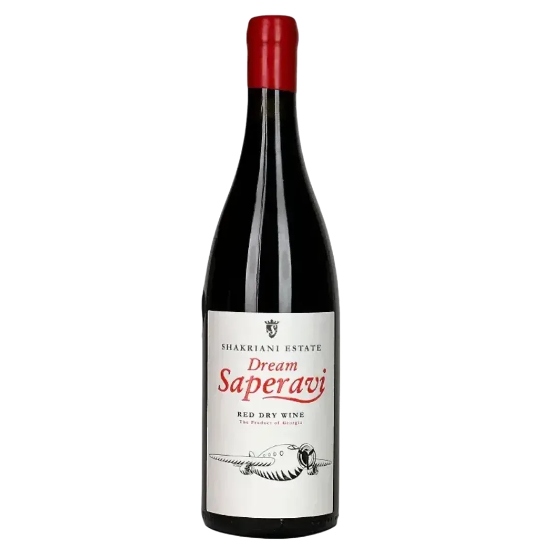 Eine Flasche Shakriani Estate Dream Saperavi Red Dry Wine mit weißem Etikett, roter Typografie und einer Flugzeugillustration.
